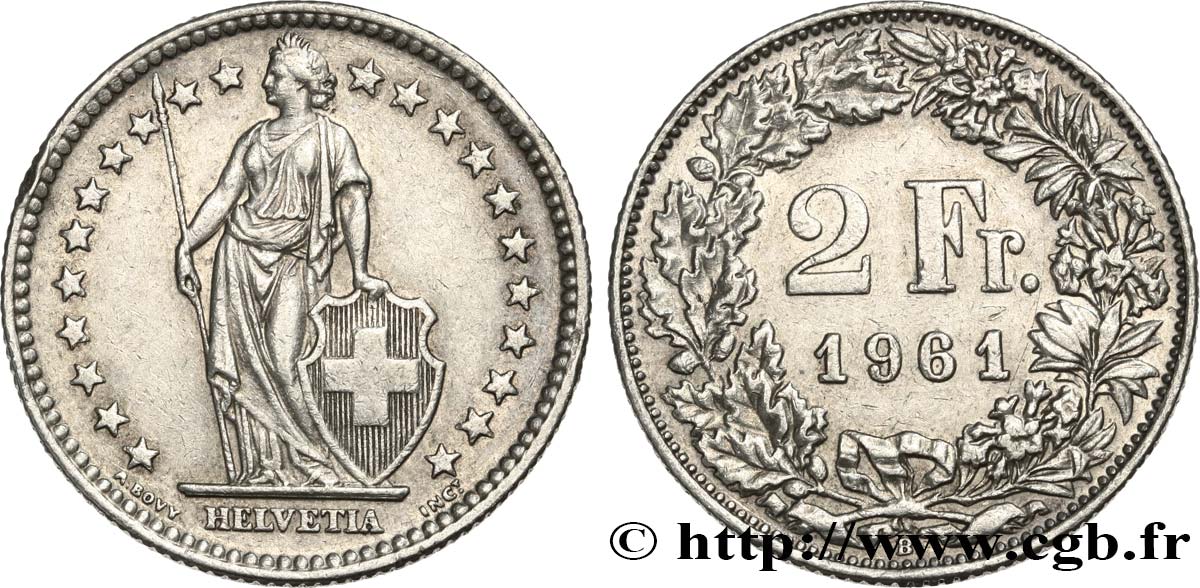 SWITZERLAND 2 Francs Helvetia 1961 Berne - B AU 