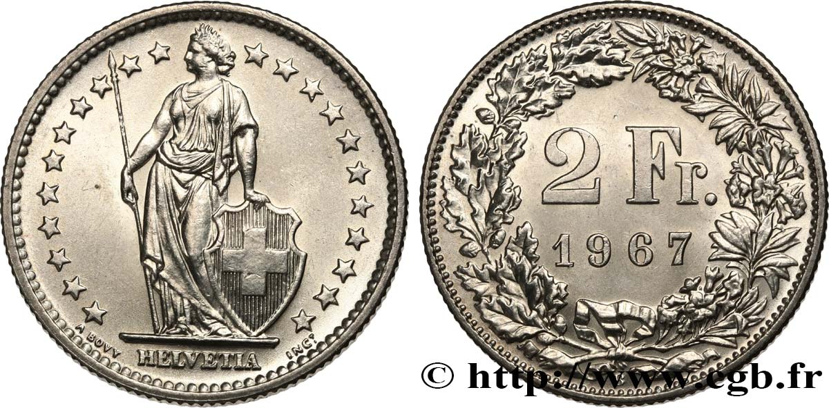 SUISSE 2 Francs Helvetia 1967 Berne SPL 