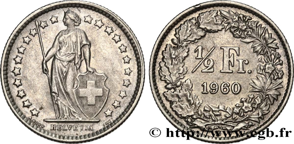 SWITZERLAND 1/2 Franc Helvetia 1960 Berne AU 