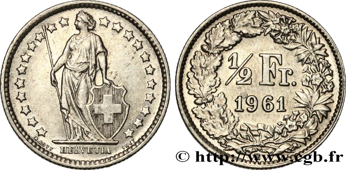 SWITZERLAND 1/2 Franc Helvetia 1961 Berne - B AU 