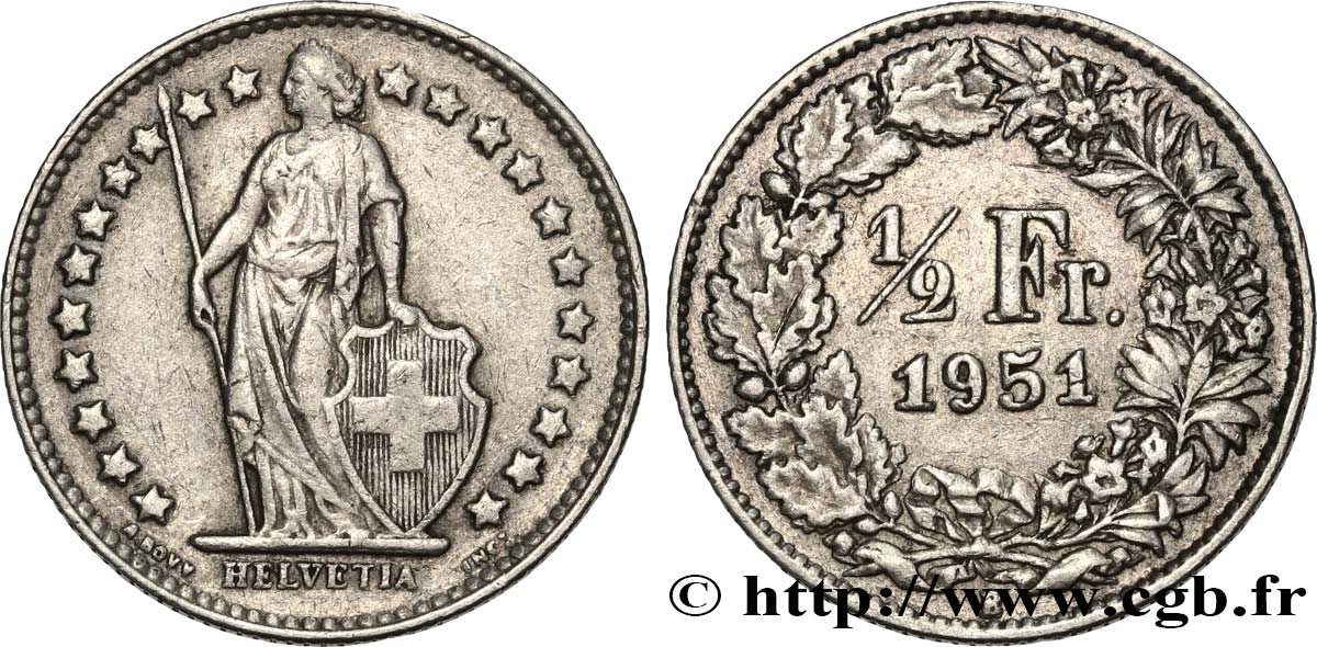 SWITZERLAND 1/2 Franc Helvetia 1951 Berne XF 