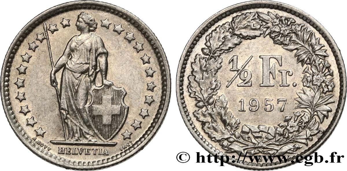 SWITZERLAND 1/2 Franc Helvetia 1957 Berne - B AU 