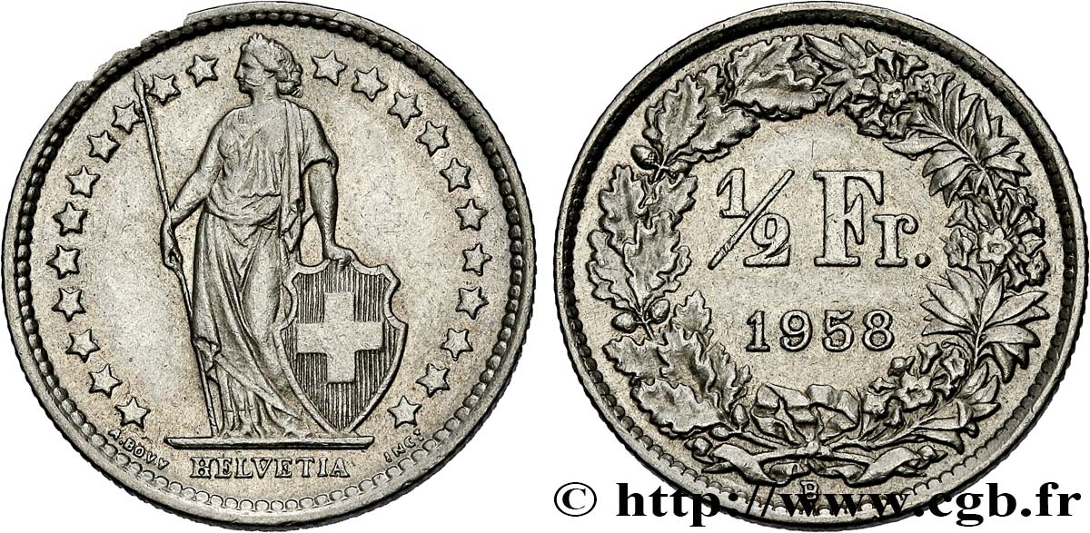 SWITZERLAND 1/2 Franc Helvetia 1958 Berne AU 