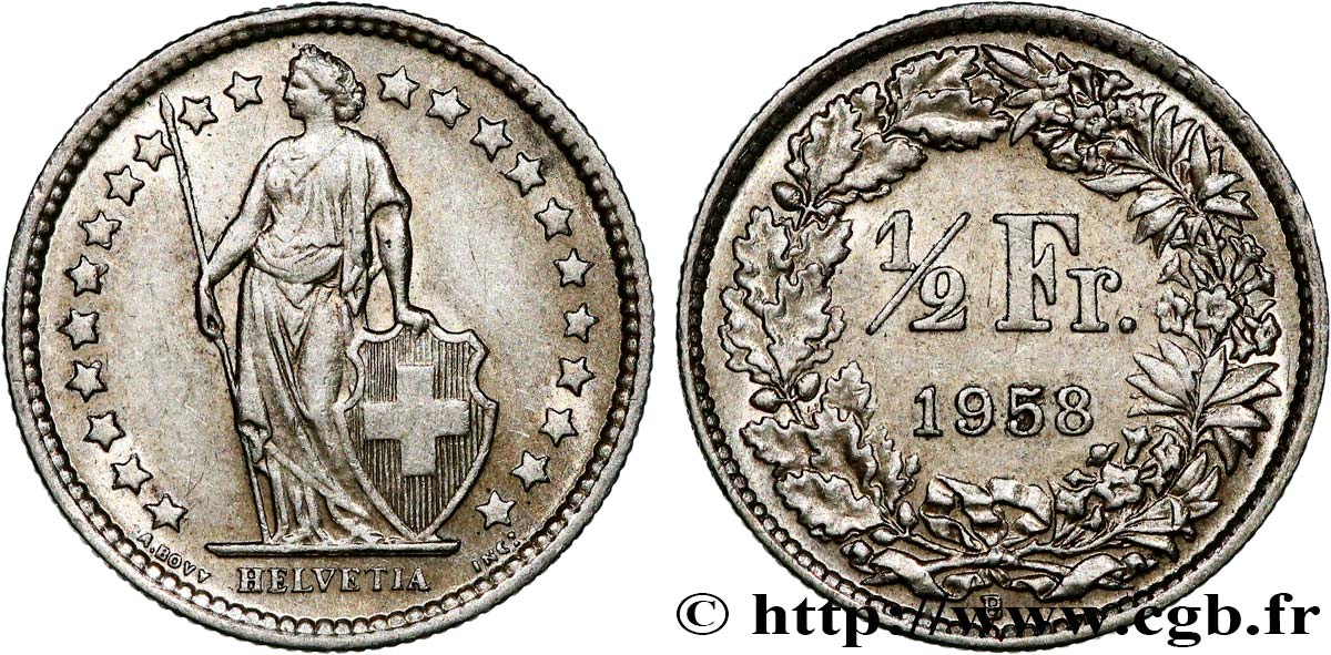 SUISSE 1/2 Franc Helvetia 1958 Berne SUP 