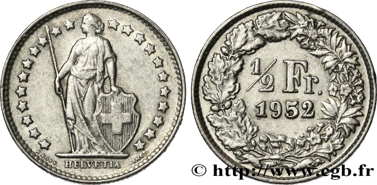 SWITZERLAND 1/2 Franc Helvetia 1952 Berne AU 
