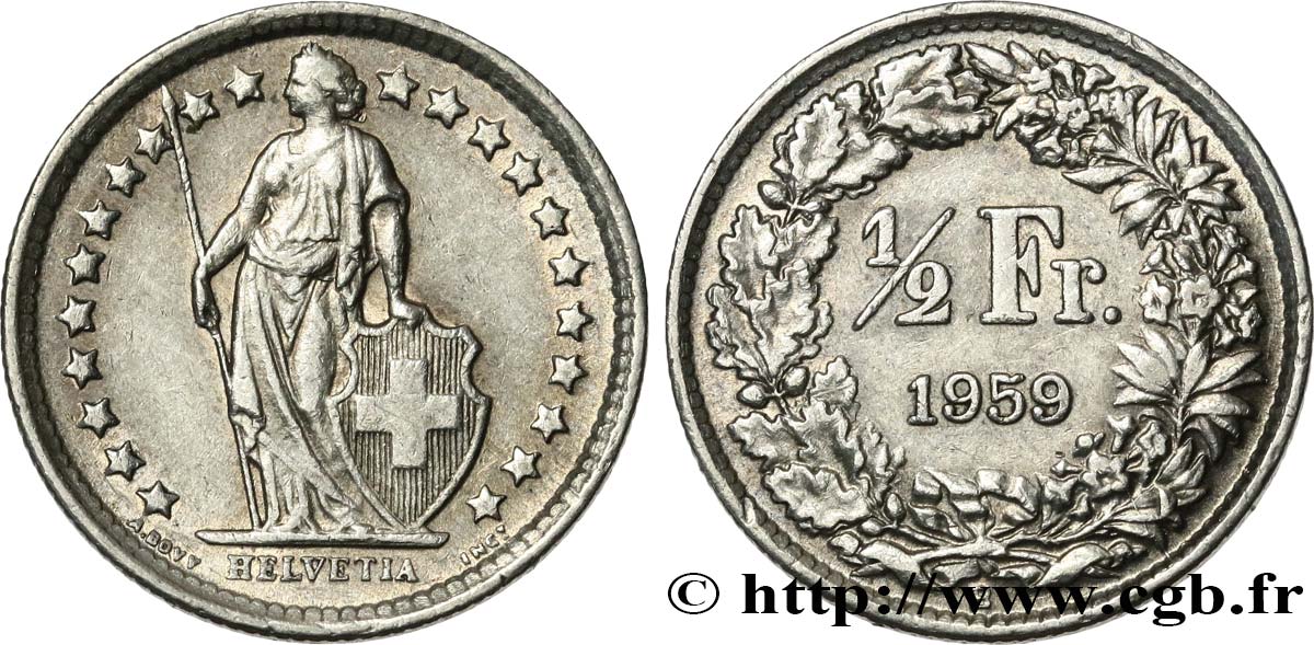 SWITZERLAND 1/2 Franc Helvetia 1959 Berne - B AU 