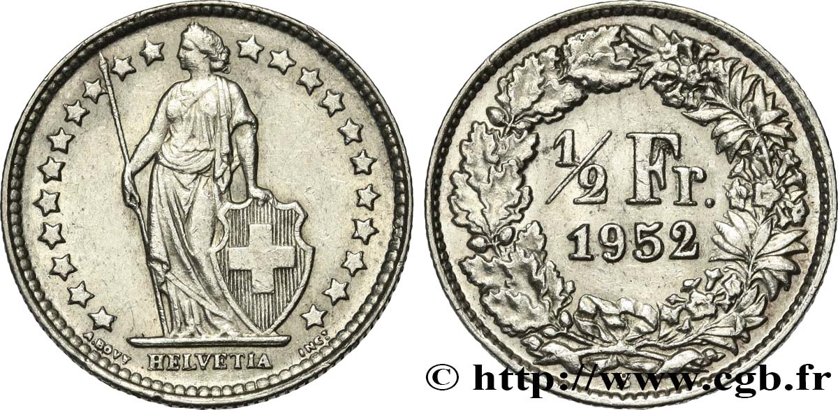 SWITZERLAND 1/2 Franc Helvetia 1952 Berne AU 