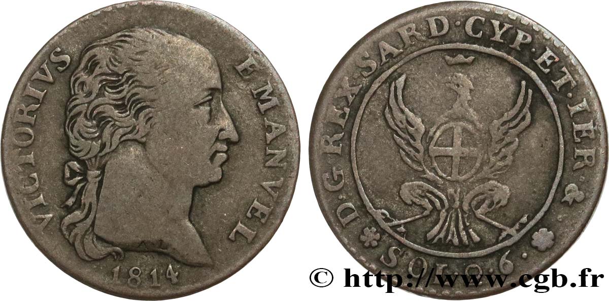 ITALY - KINGDOM OF SARDINIA 2 Soldi et 6 Denari Victor-Emmanuel Ier 1814 Turin VF 