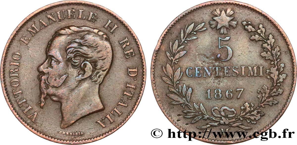 ITALIA 5 Centesimi Victor Emmanuel II 1867 Milan BB 
