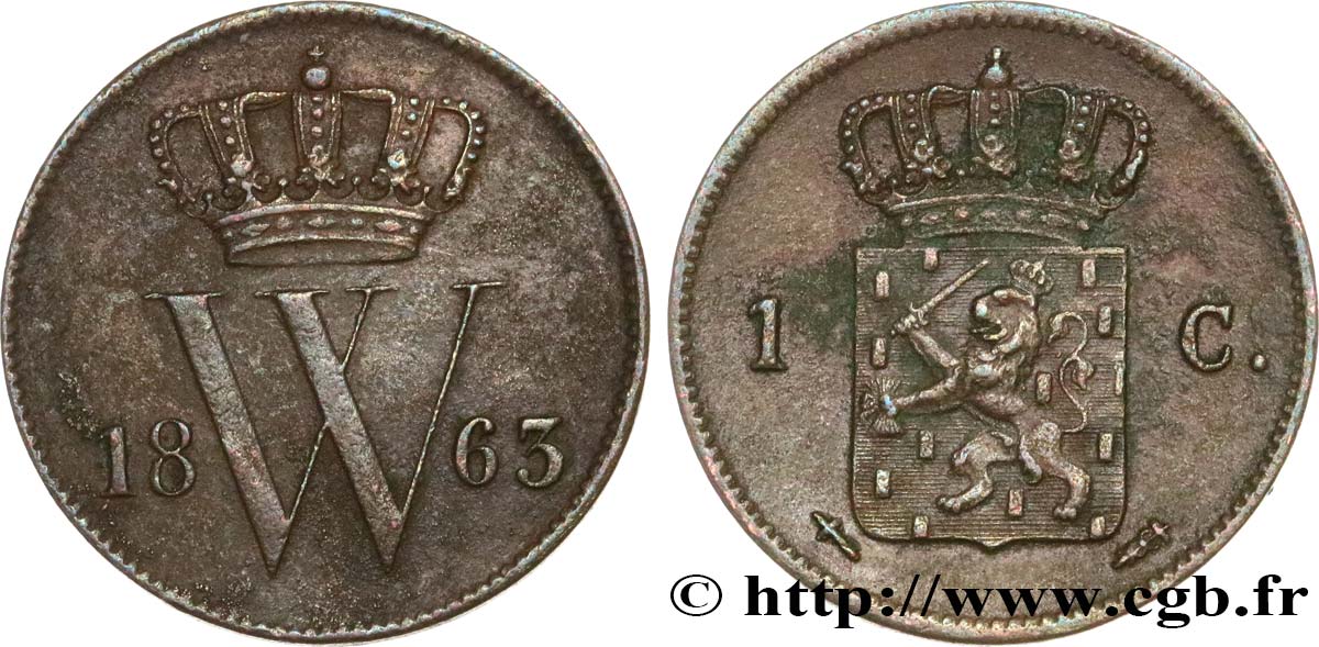 NETHERLANDS 1 Cent Guillaume III 1863 Utrecht XF 