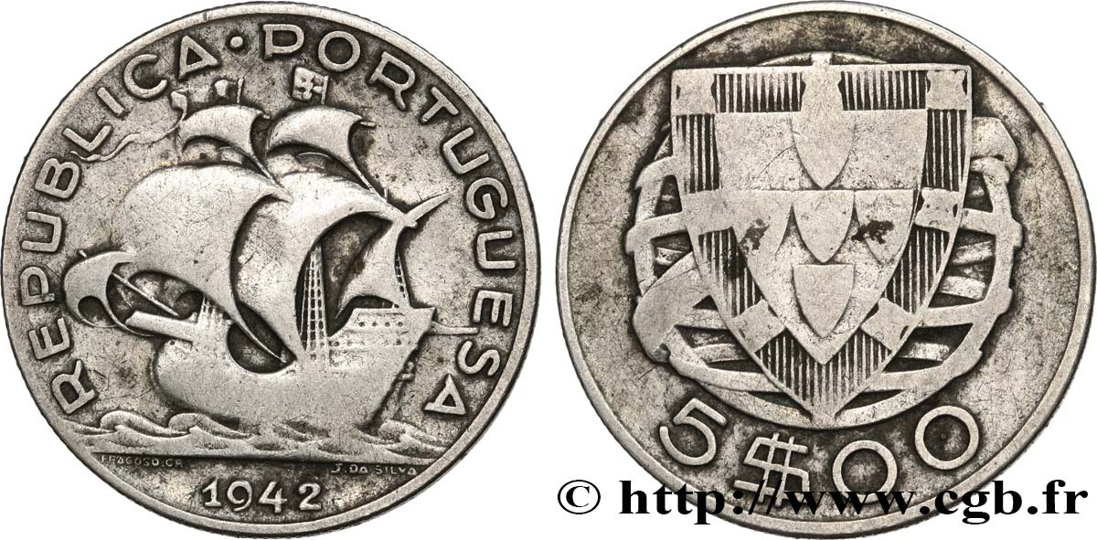 PORTUGAL 5 Escudos 1942  BC 