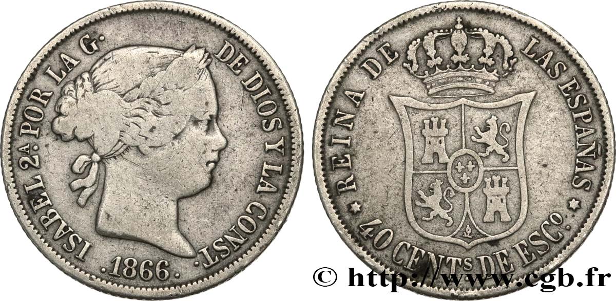 SPANIEN 40 Centimos Isabelle II 1866 Madrid fSS/SS 