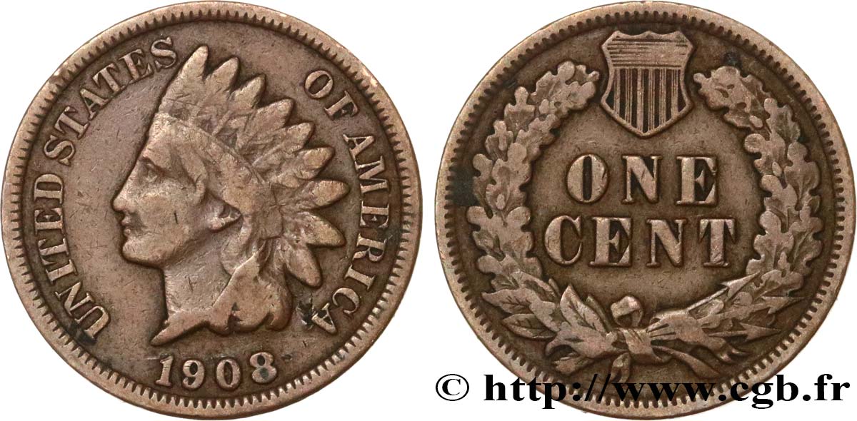 UNITED STATES OF AMERICA 1 Cent tête d’indien, 3e type 1908 Philadelphie VF 
