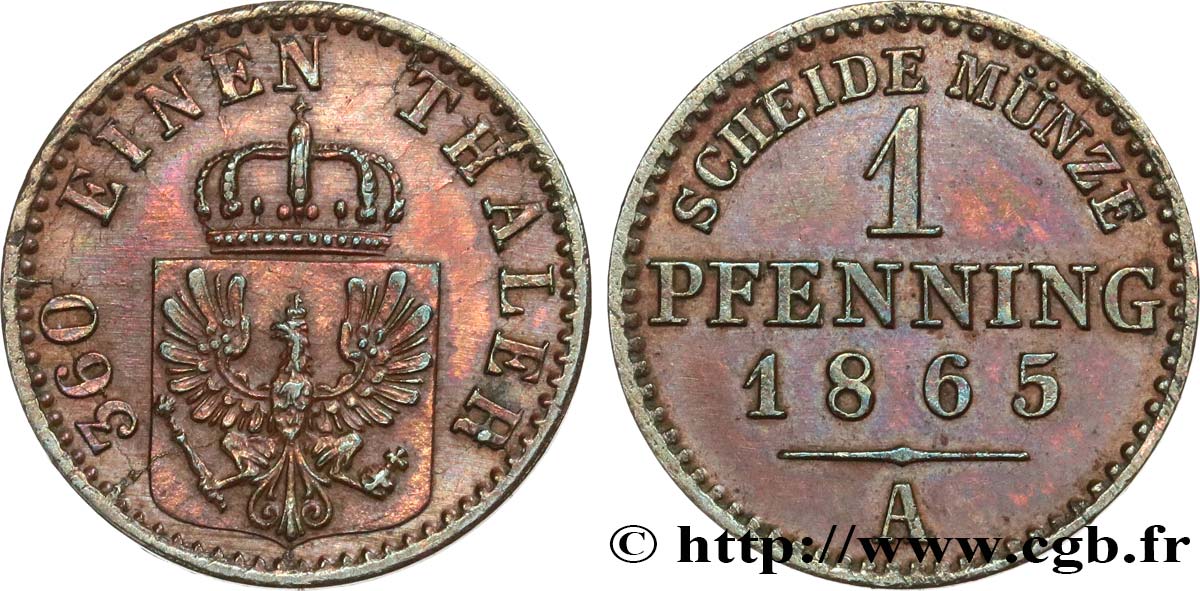 GERMANY - PRUSSIA 1 Pfenning Royaume de Prusse 1865 Berlin XF 