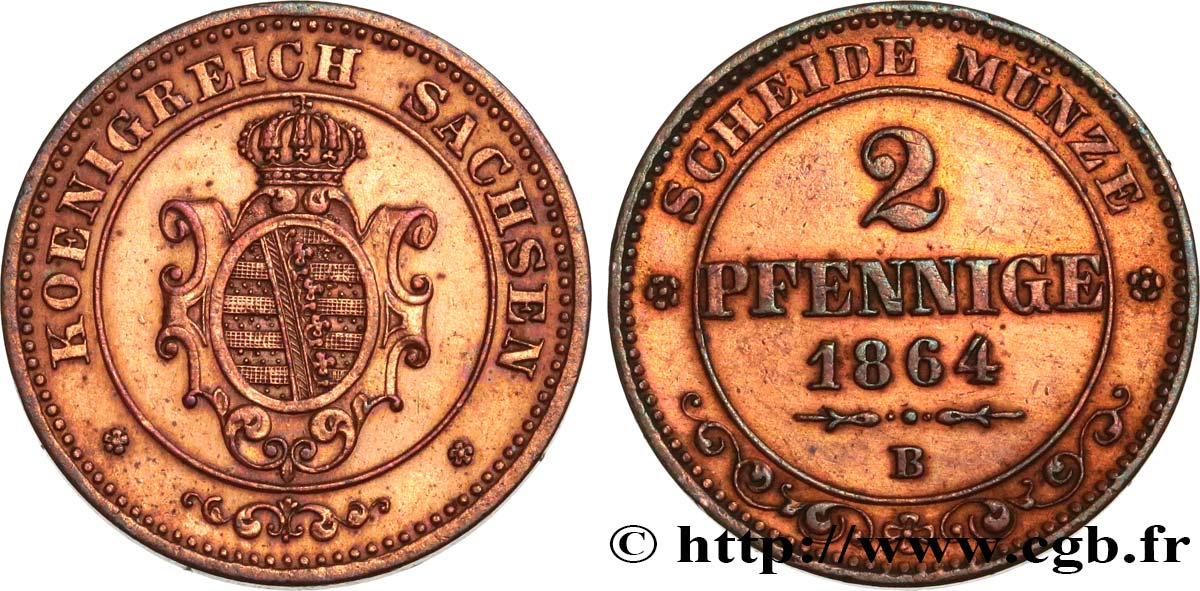 DEUTSCHLAND - SACHSEN 2 Pfennige Royaume de Saxe, blason 1864 Dresde VZ 