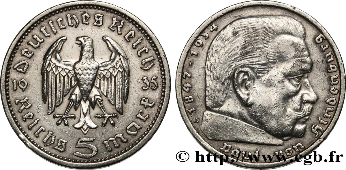 ALEMANIA 5 Reichsmark Aigle / Maréchal Paul von Hindenburg 1935 Berlin MBC 