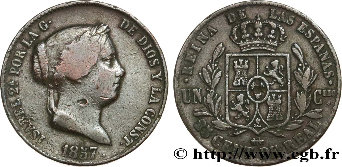 SPAIN 25 Centimos de Real (Cuartillo) Isabelle II 1857 Ségovie VF 