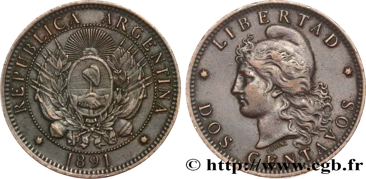 ARGENTINA 2 Centavos emblème / “Liberté” 1891  MBC 