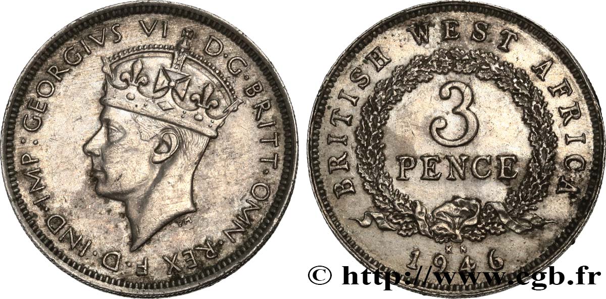 BRITISH WEST AFRICA 3 Pence Georges VI 1946 Kings Norton - KN AU 