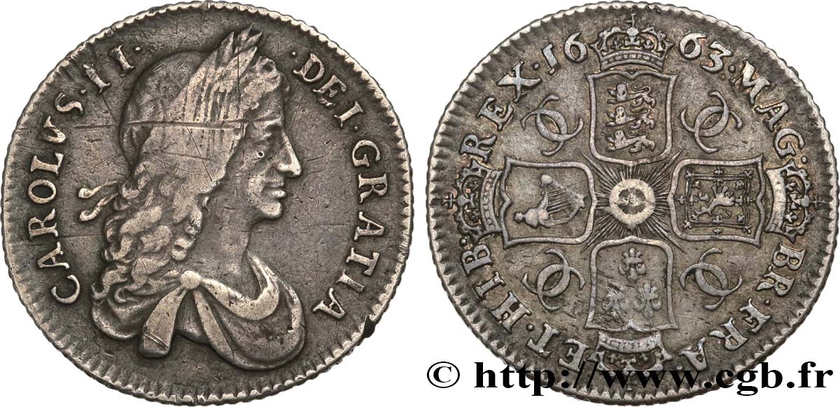 ENGLAND - KINGDOM OF ENGLAND - CHARLES II Shilling 1663 Londres VF/XF 