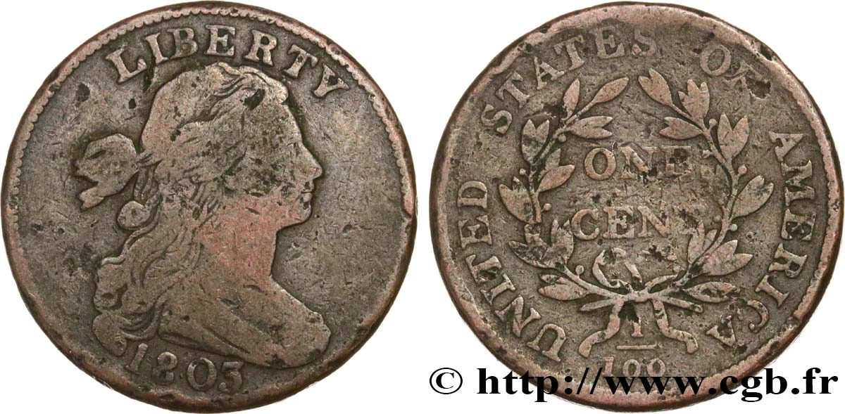 ÉTATS-UNIS D AMÉRIQUE 1 Cent “Draped Bust” 1803 Philadelphie B+ 