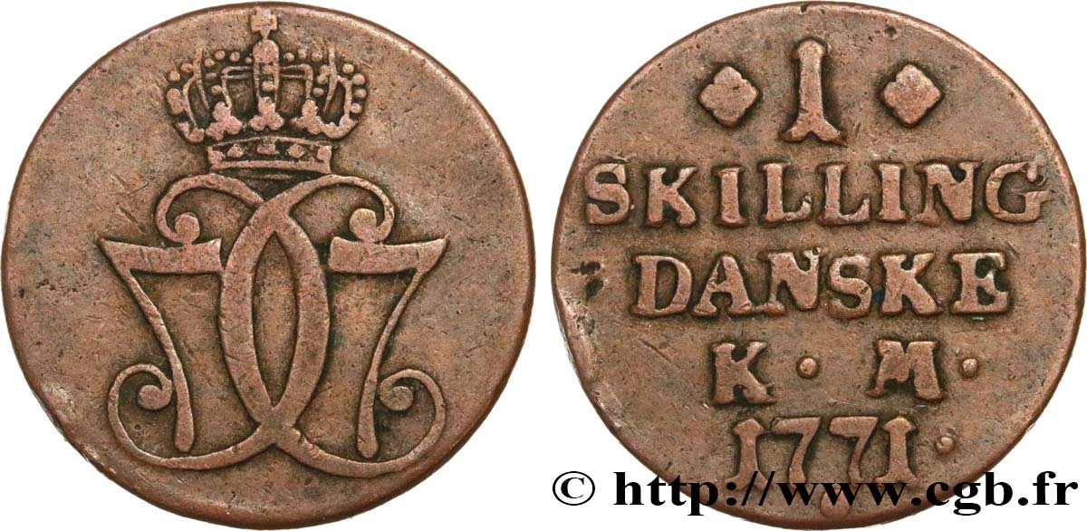 DENMARK 1 Skilling Christian VII 1771 Copenhague VF 