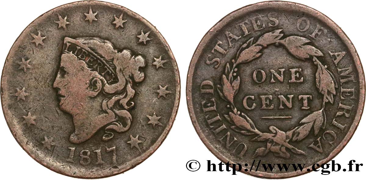 STATI UNITI D AMERICA 1 Cent “Matron Head” 1817 Philadelphie q.MB 