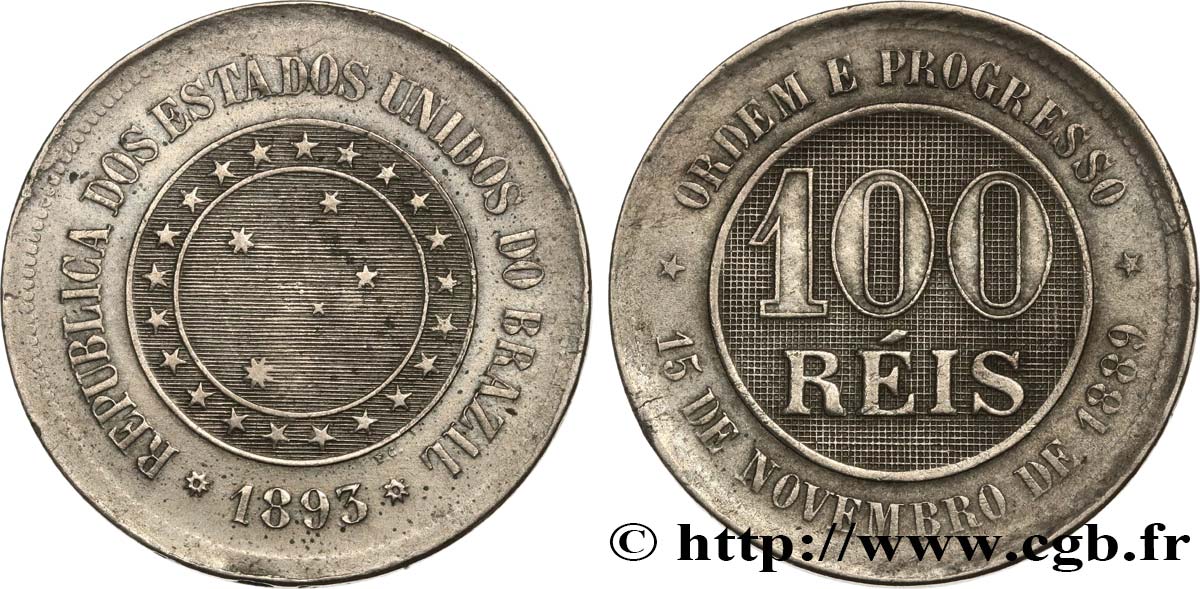 BRAZIL 100 Reis 1893  VF 