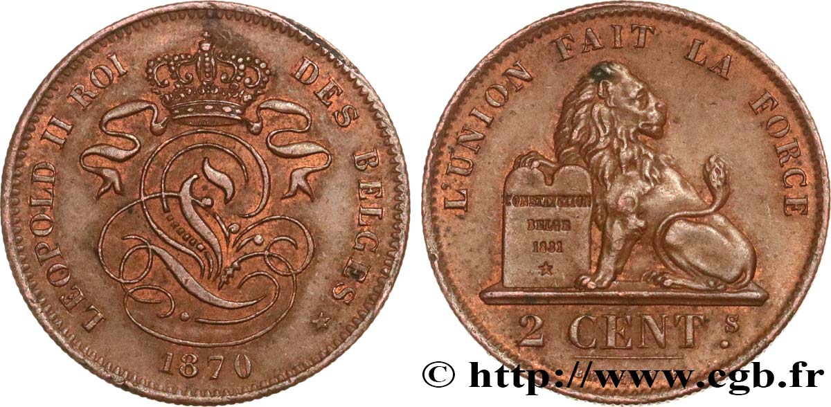 BELGIQUE 2 Centimes lion monogramme de Léopold II 1870  SUP 