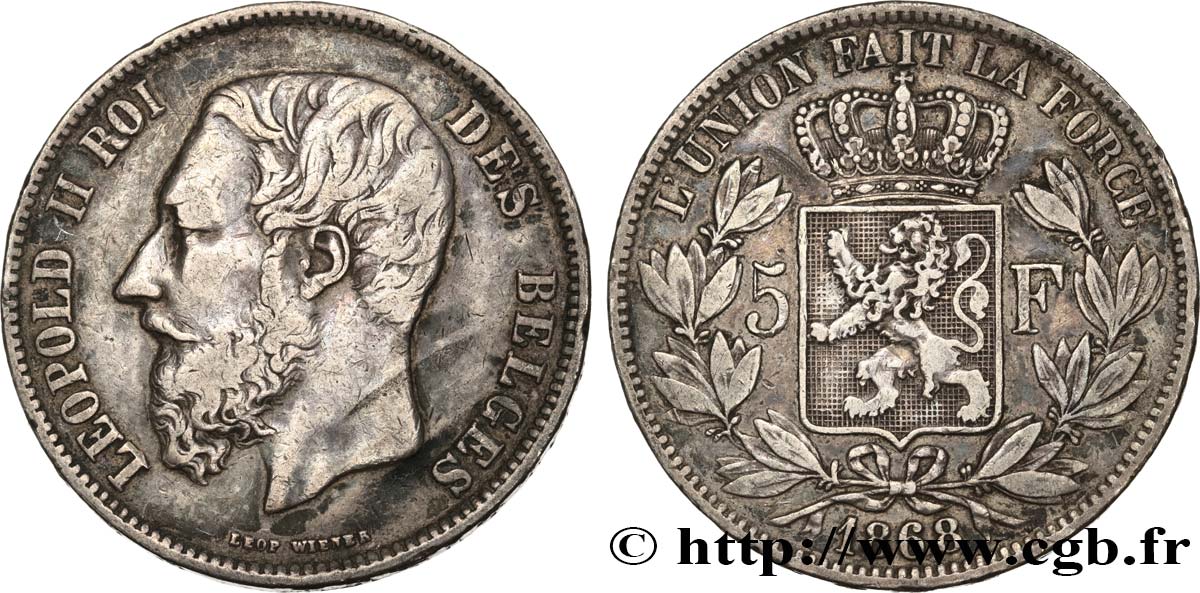 BELGIQUE 5 Francs Léopold II 1868  TB+ 