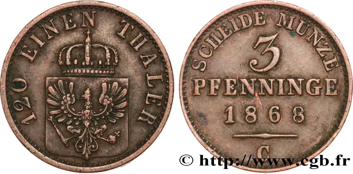 ALLEMAGNE - PRUSSE 3 Pfenninge 1868 Francfort TTB
 
