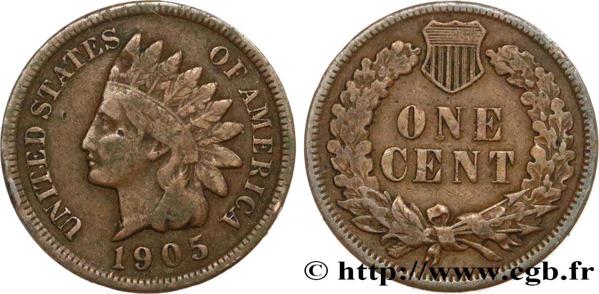 UNITED STATES OF AMERICA 1 Cent tête d’indien, 3e type 1905 Philadelphie VF 