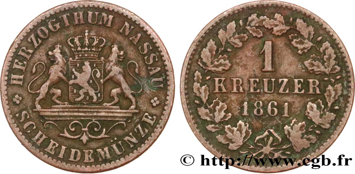 GERMANY - NASSAU 1 Kreuzer 1861  VF 