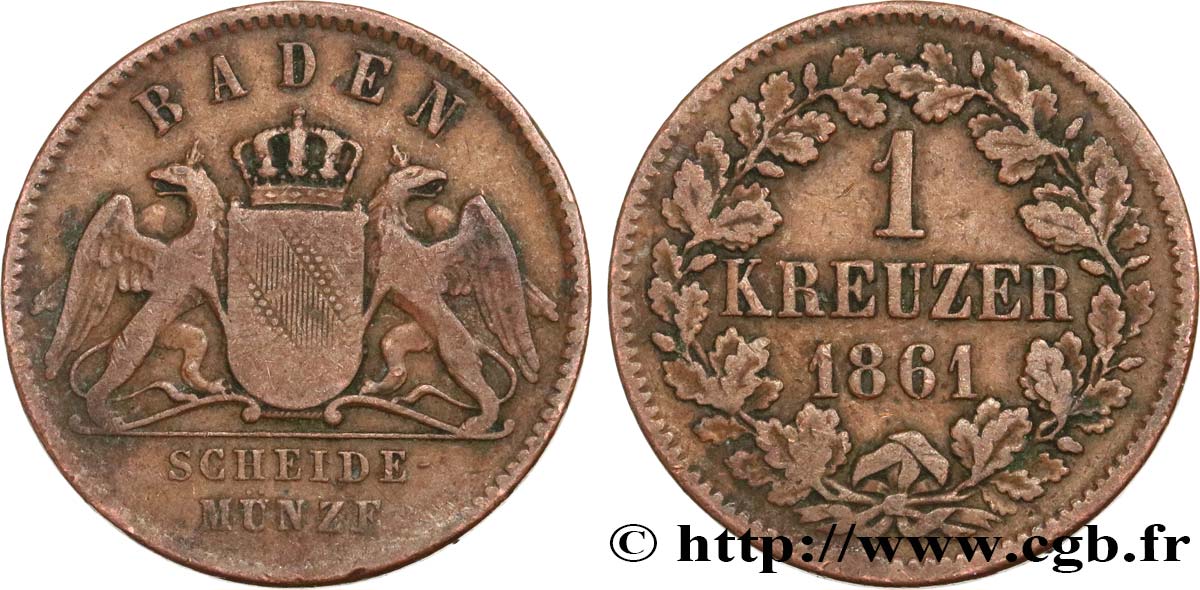 GERMANY - BADEN 1 Kreuzer Grand-Duché de Bade 1861  AU 
