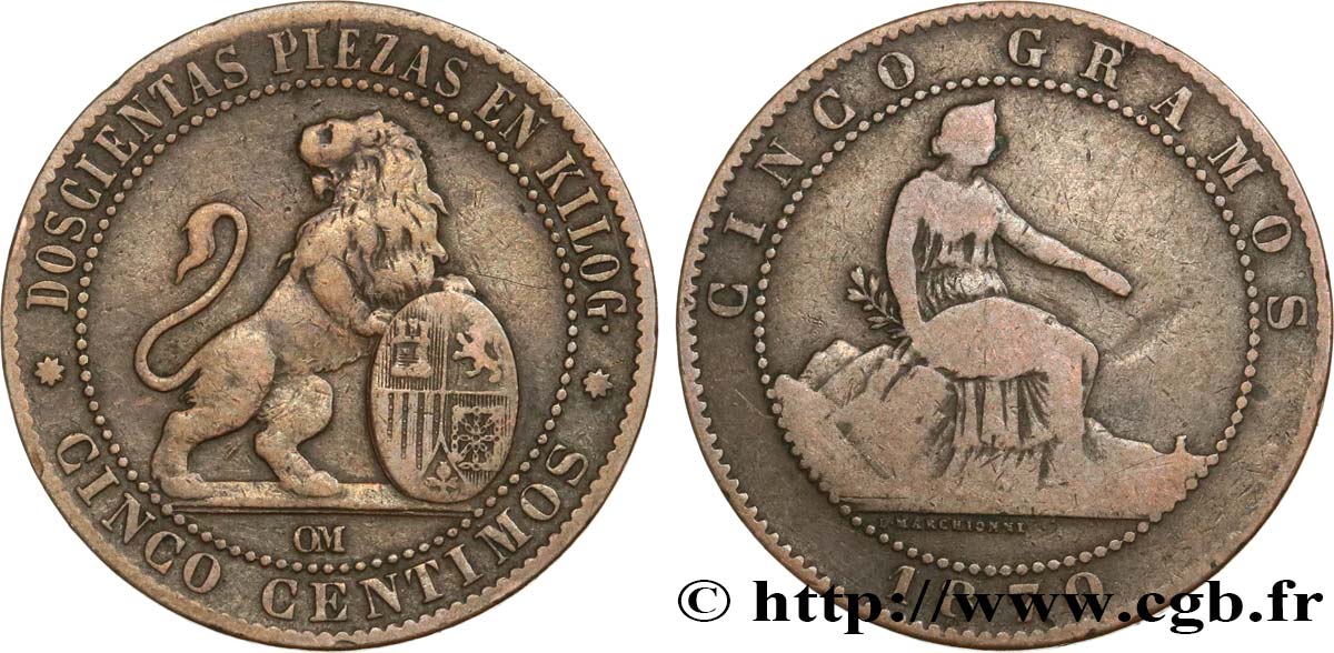 SPAIN 5 Centimos “ESPAÑA” 1870 Oeschger Mesdach & CO F 