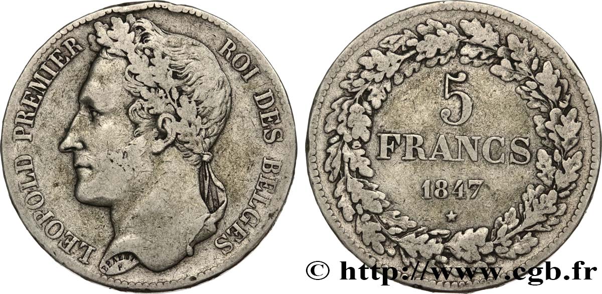 BELGIQUE 5 Francs Léopold Ier tête laurée 1847  TB+ 