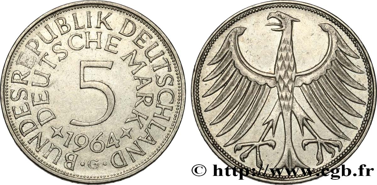 DEUTSCHLAND 5 Mark aigle 1964 Karlsruhe SS 
