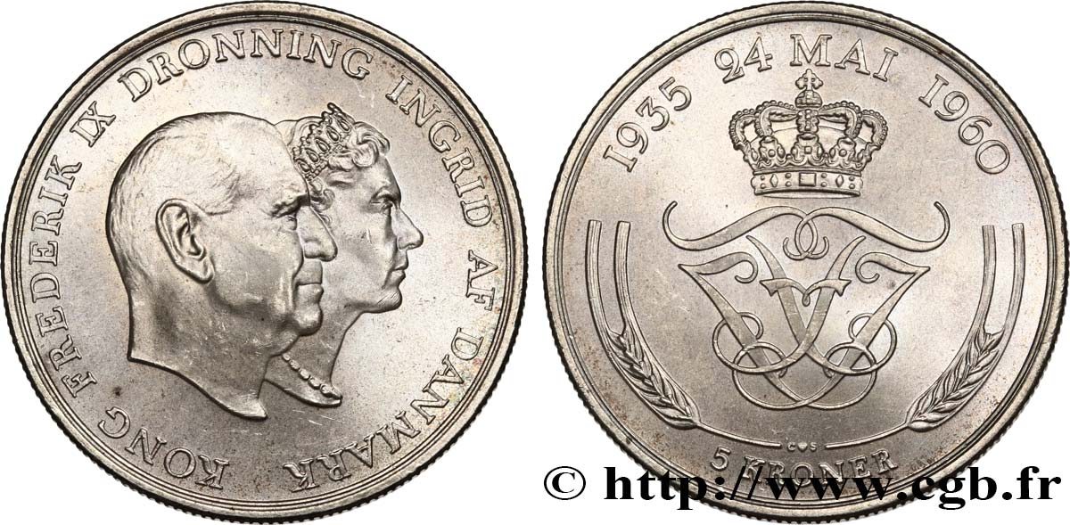 DANEMARK 5 Kroner Noces d’argent 1960 Copenhague SPL 