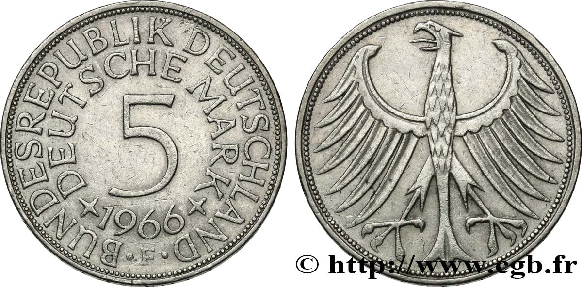 ALEMANIA 5 Mark aigle héraldique 1966 Stuttgart MBC+ 