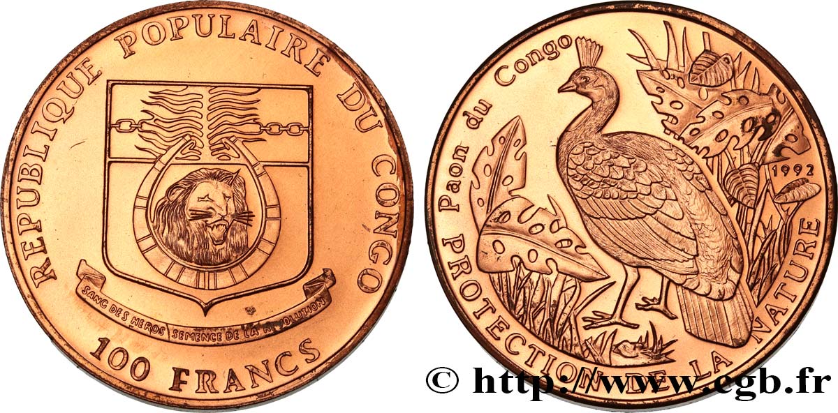 REPUBBLICA DEL CONGO 100 Francs Protection de la nature 1992  MS 