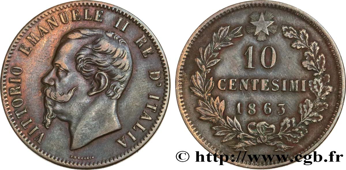 ITALY 10 Centesimi Victor Emmanuel II 1863  AU 