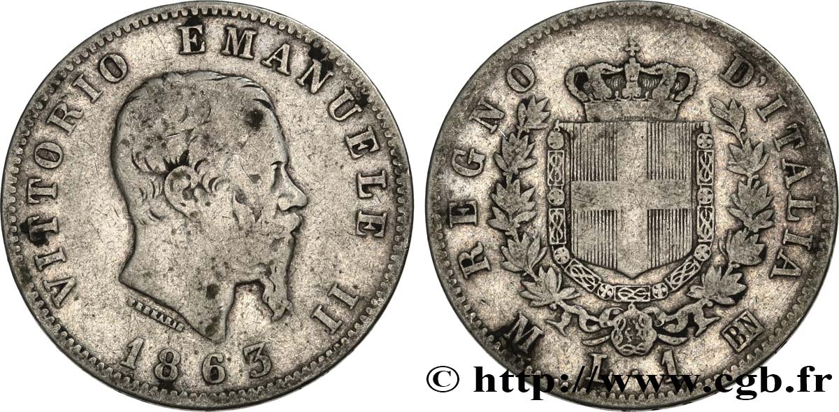 ITALY 1 Lira Victor Emmanuel II 1863 Milan VF 