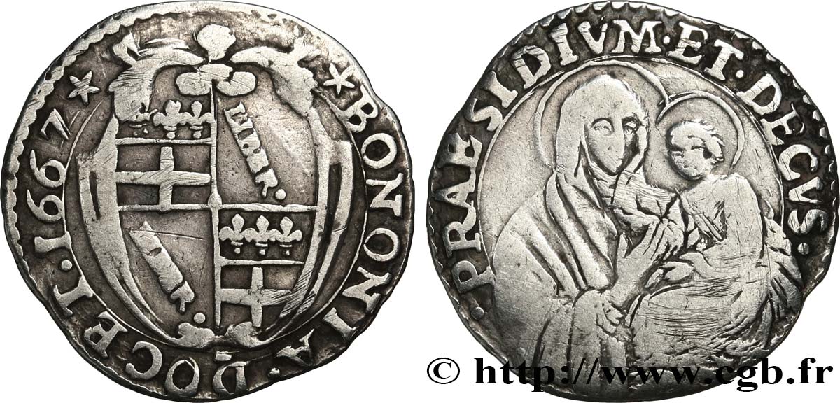 ITALY- PAPAL STATES - ALEXANDER VII (Fabio Chigi) Carlino (Demi-Blanc) 1667 Bologne VF 