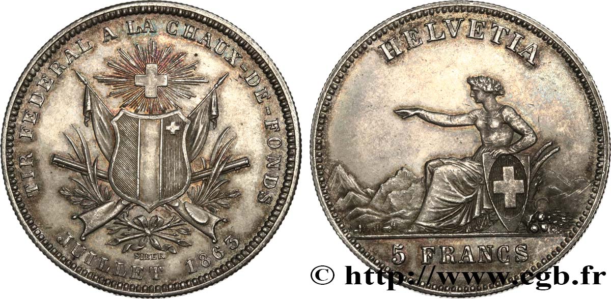 SUISSE 5 Francs Tir fédéral de la Chaux-de-Fond 1863  SUP 