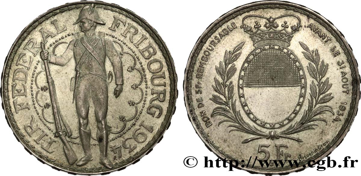 SCHWEIZ 5 Francs monnaie de Tir Fribourg 1934 Le Locle VZ 