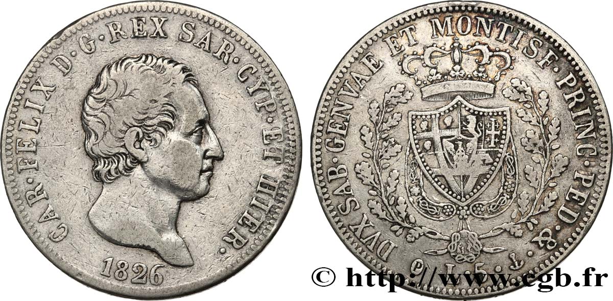 ITALY - KINGDOM OF SARDINIA 5 Lire Charles-Félix 1826 Gênes VF 