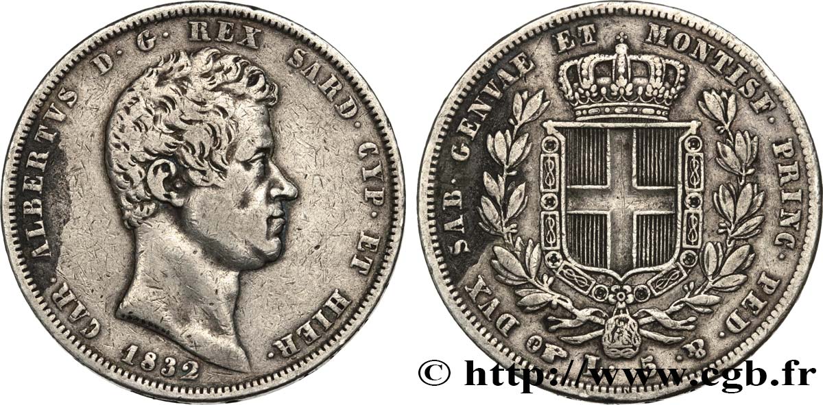 ITALIEN - KÖNIGREICH SARDINIEN 5 Lire Charles Albert 1832 Turin fSS 