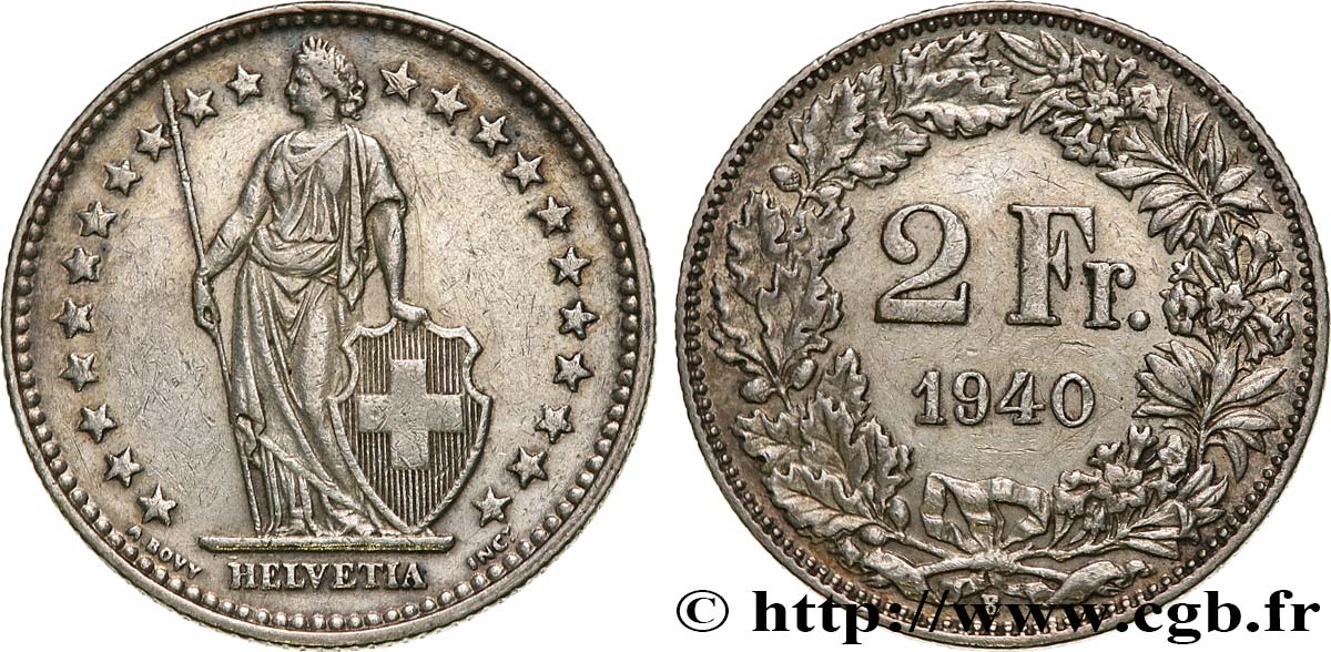 SWITZERLAND 2 Francs Helvetia 1940 Berne  XF 