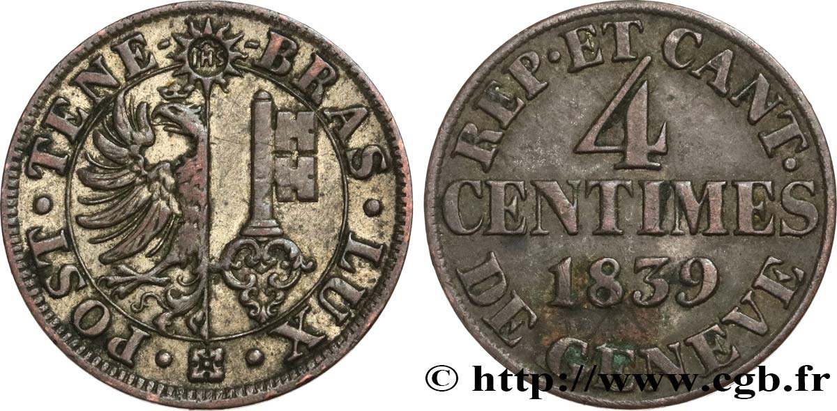 SCHWEIZ - REPUBLIK GENF 4 Centimes - Canton de Genève 1839  SS 