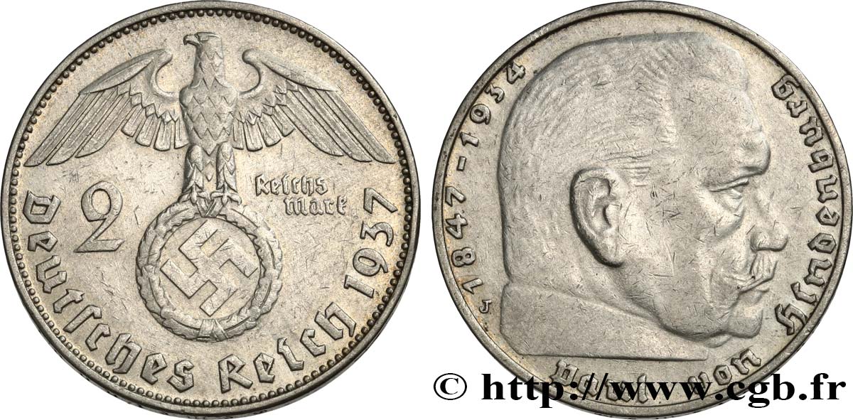 ALLEMAGNE 2 Reichsmark Maréchal Paul von Hindenburg 1937 Hambourg  TTB 